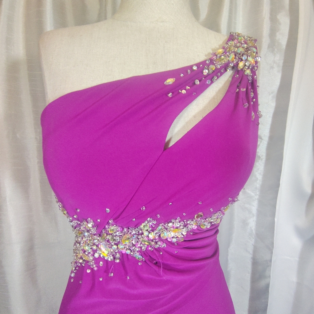 Cache Designer Sheath Dress,One Shoulder Purple, Jeweled Beads, Leg Slit, Long 0 - Picture 3 of 16